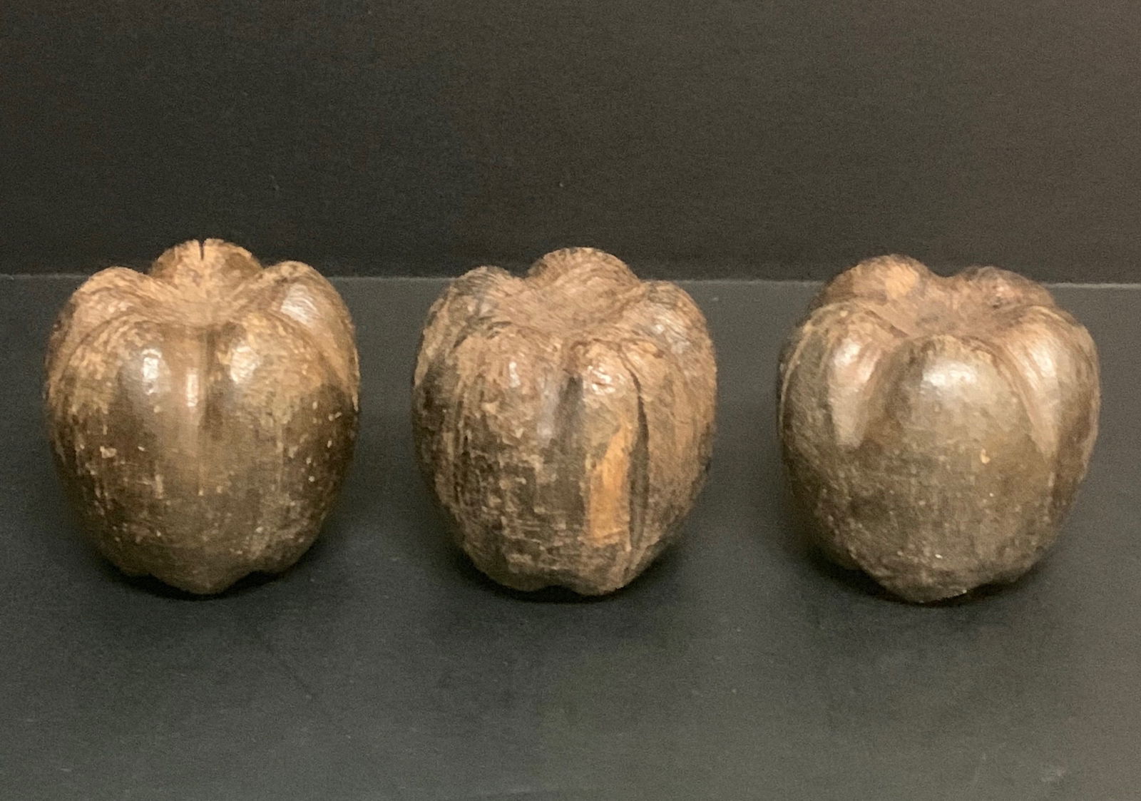 Carved Wood Fruit Apple Sculpture Set of 3 - 2