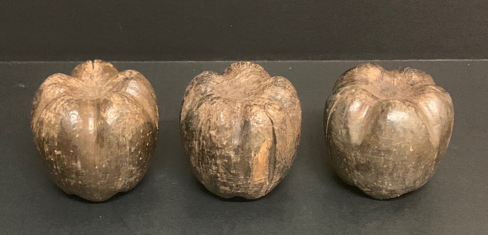 Carved Wood Fruit Apple Sculpture Set of 3 - 4