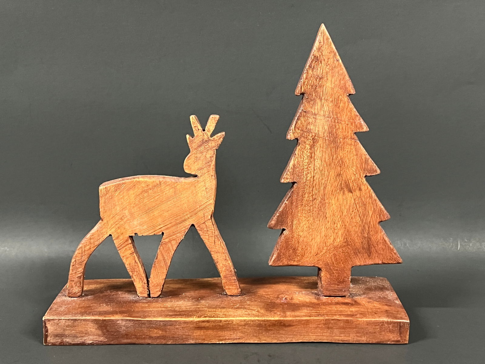 Carved Wood Christmas Tree and Deer Sculpture (1 of 8)