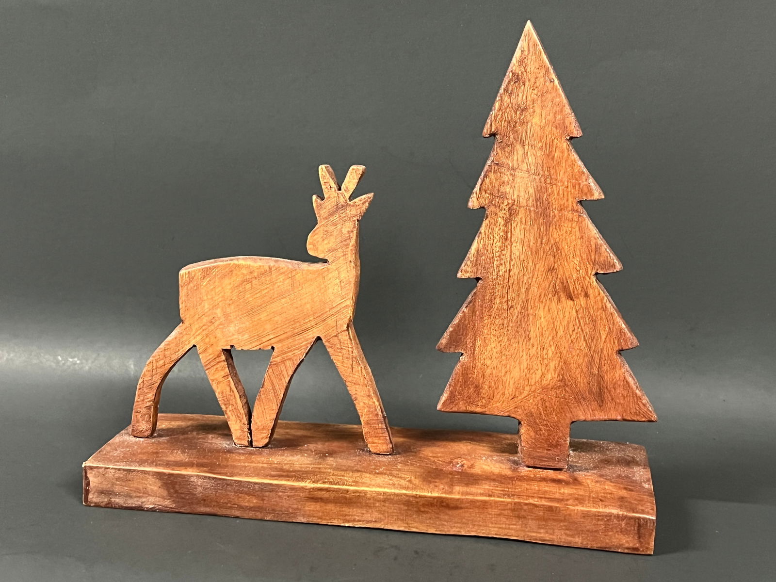 Carved Wood Christmas Tree and Deer Sculpture - 2