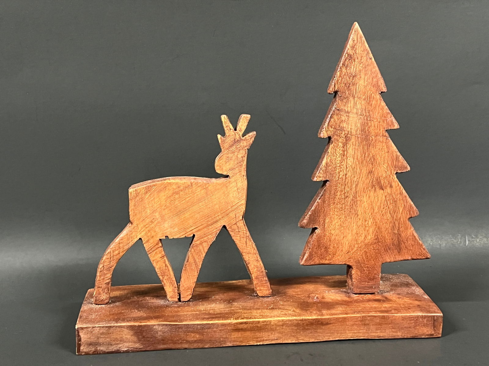 Carved Wood Christmas Tree and Deer Sculpture - 3