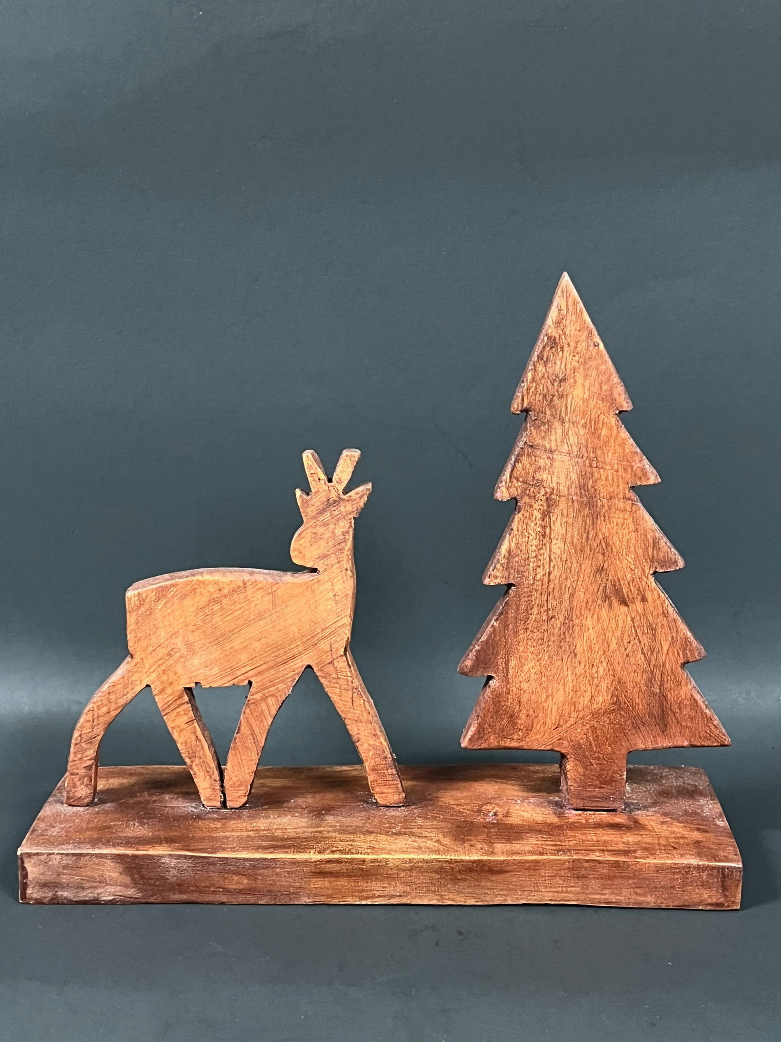 Carved Wood Christmas Tree and Deer Sculpture - 4