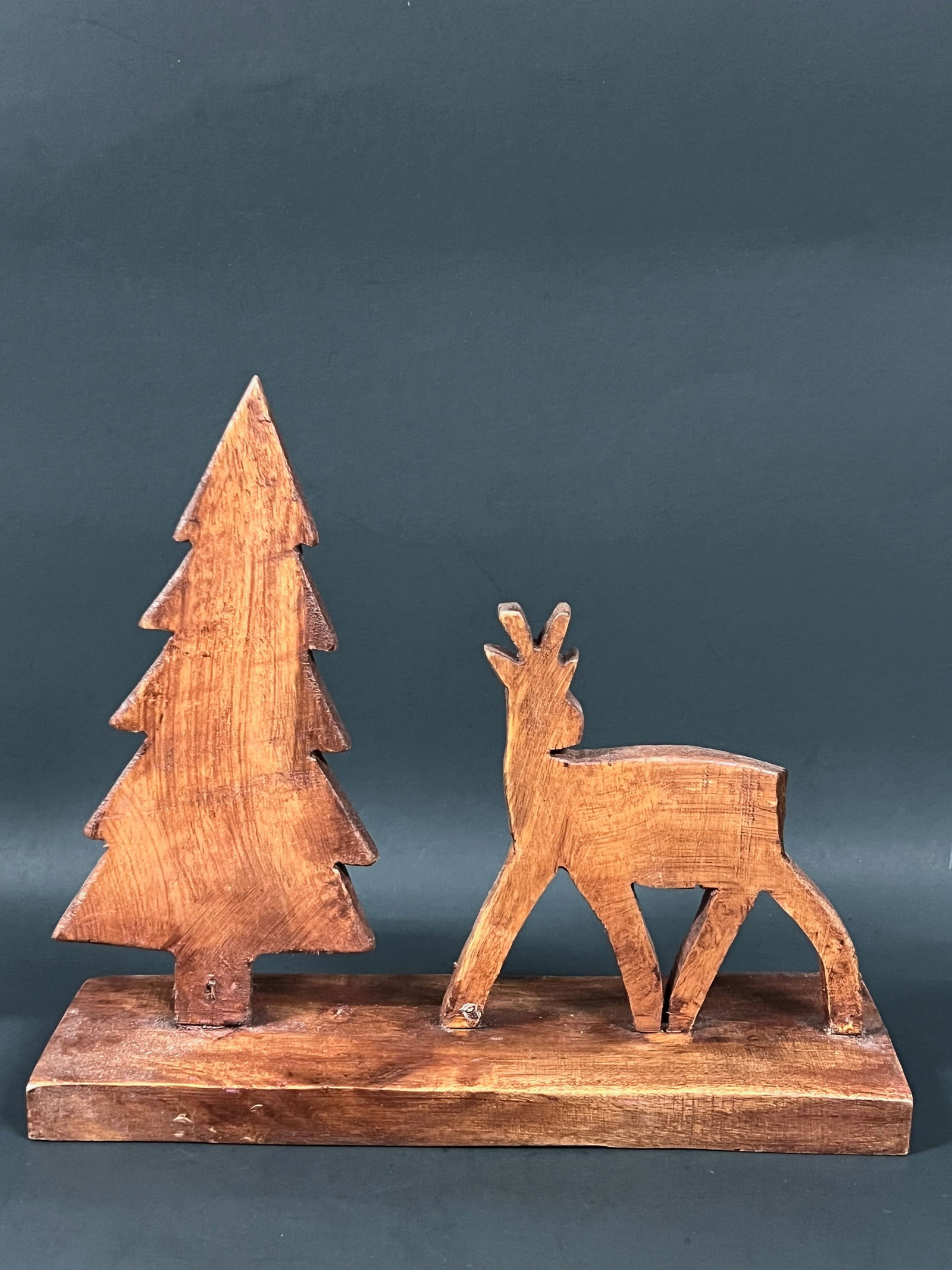 Carved Wood Christmas Tree and Deer Sculpture - 5