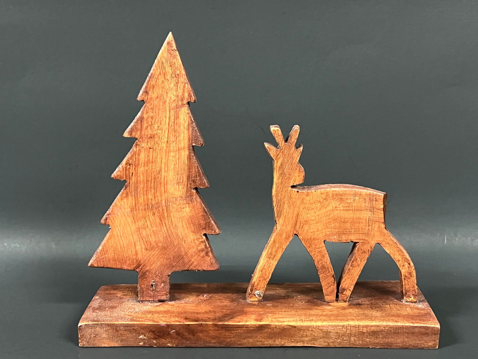 Carved Wood Christmas Tree and Deer Sculpture - 6