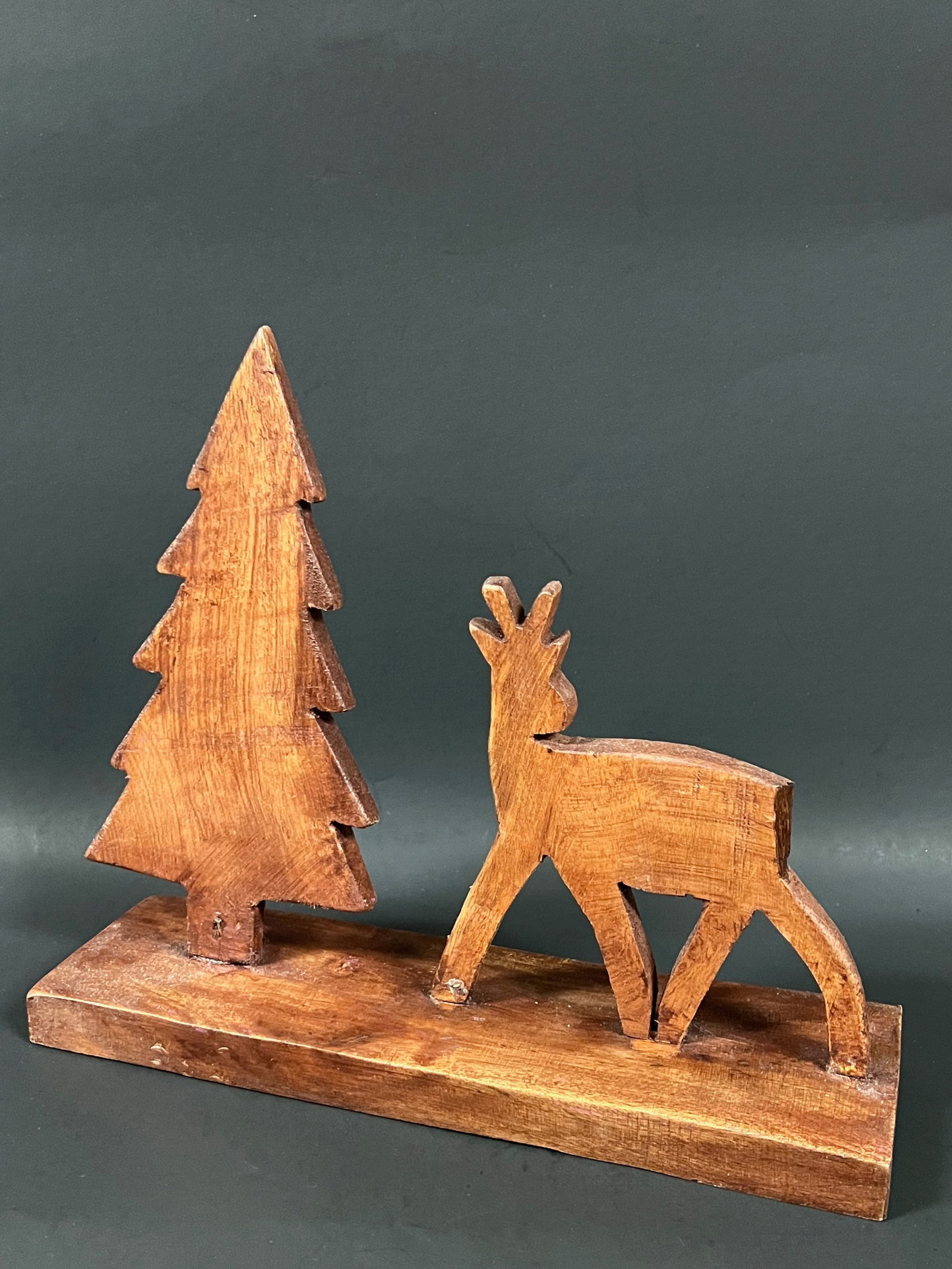 Carved Wood Christmas Tree and Deer Sculpture - 7