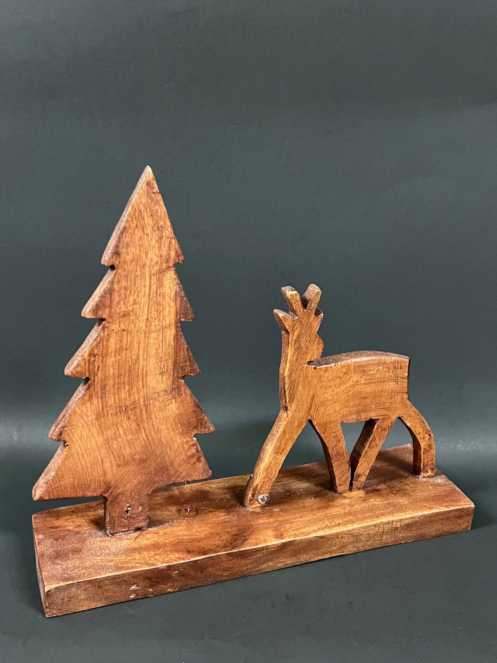 Carved Wood Christmas Tree and Deer Sculpture - 8