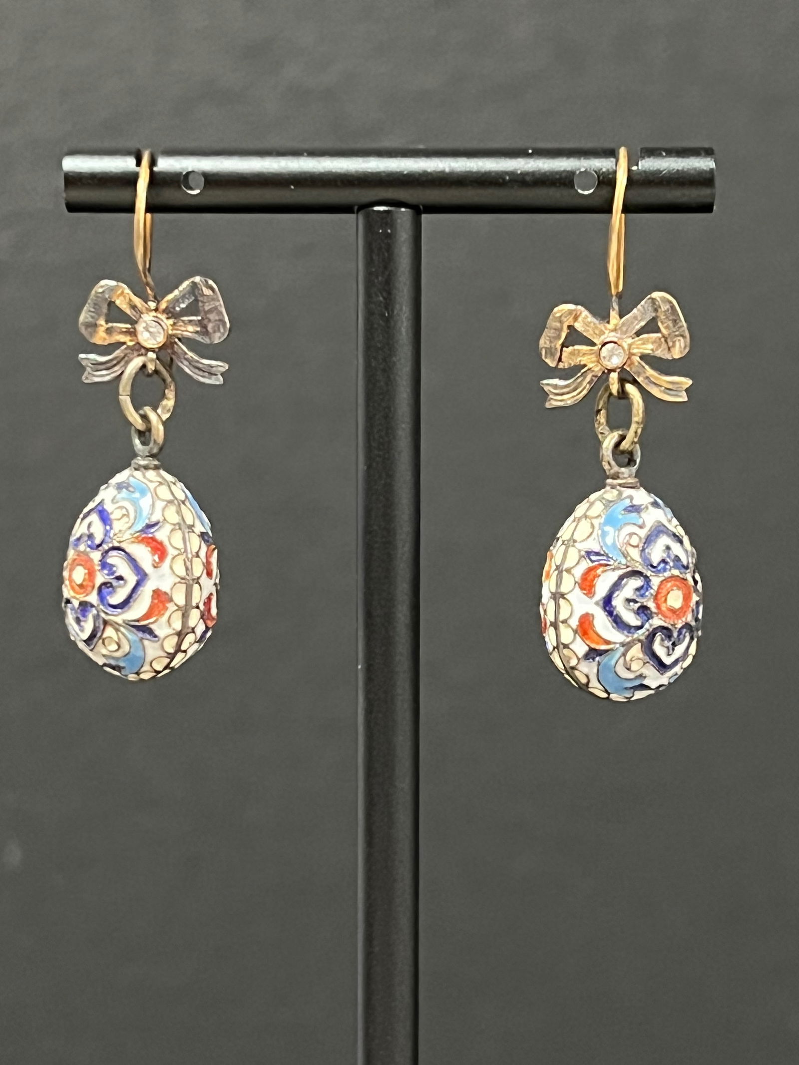 Russian Art Gold Gilt Silver and Enamel Easter Egg Earrings - 2