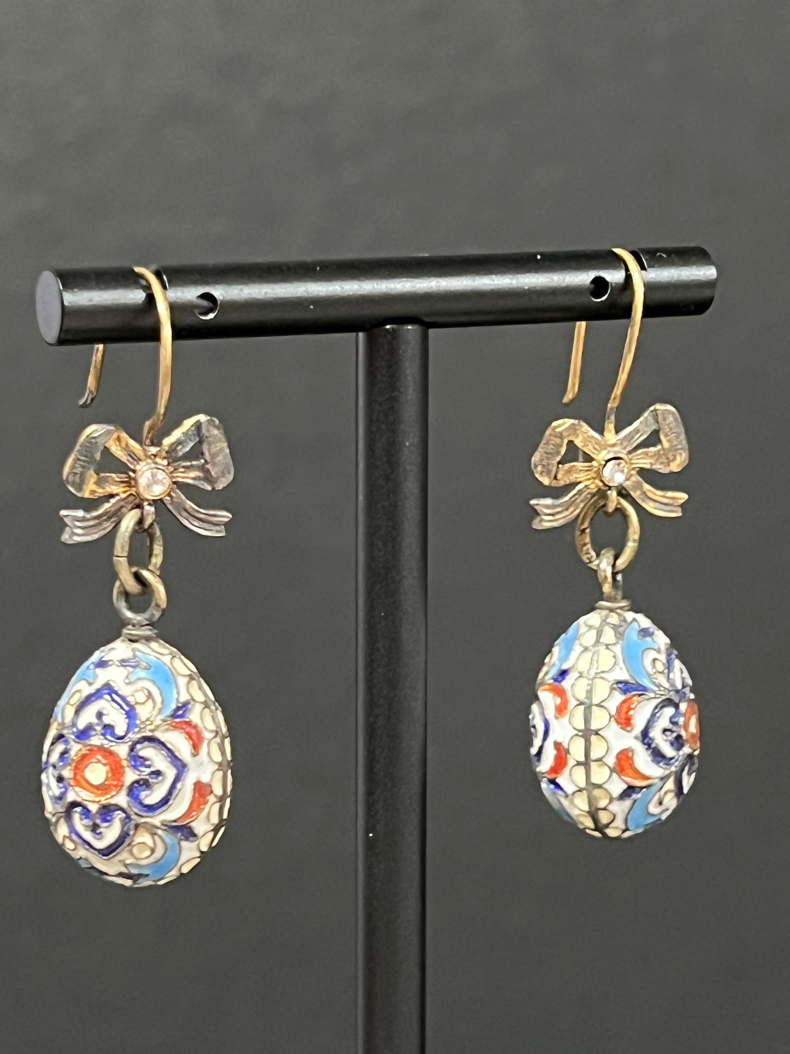 Russian Art Gold Gilt Silver and Enamel Easter Egg Earrings - 3