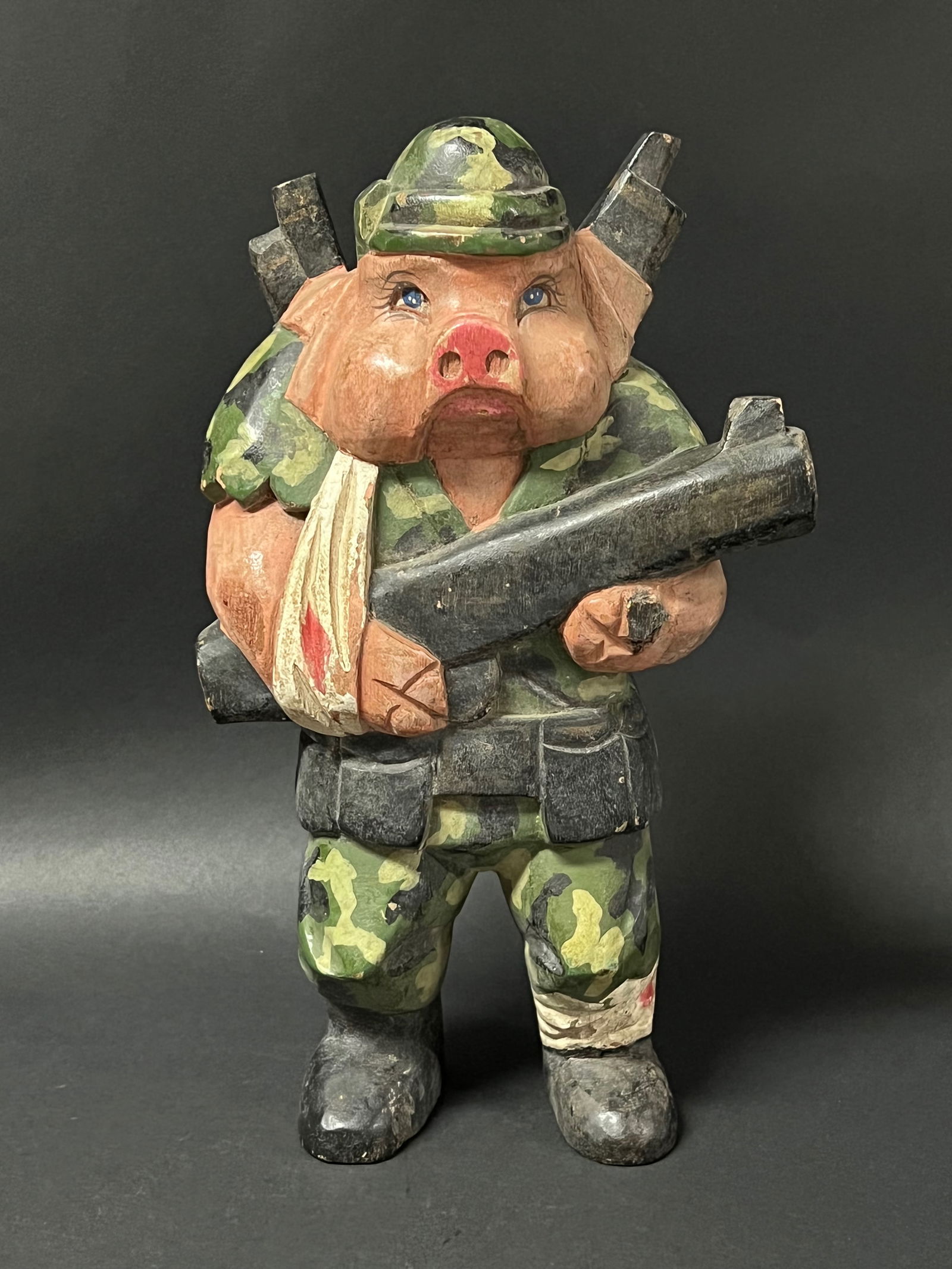 Carved Wood Painted Pig Soldier (1 of 5)