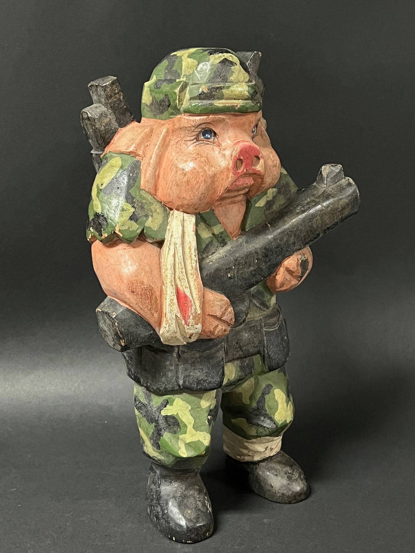 Carved Wood Painted Pig Soldier - 3