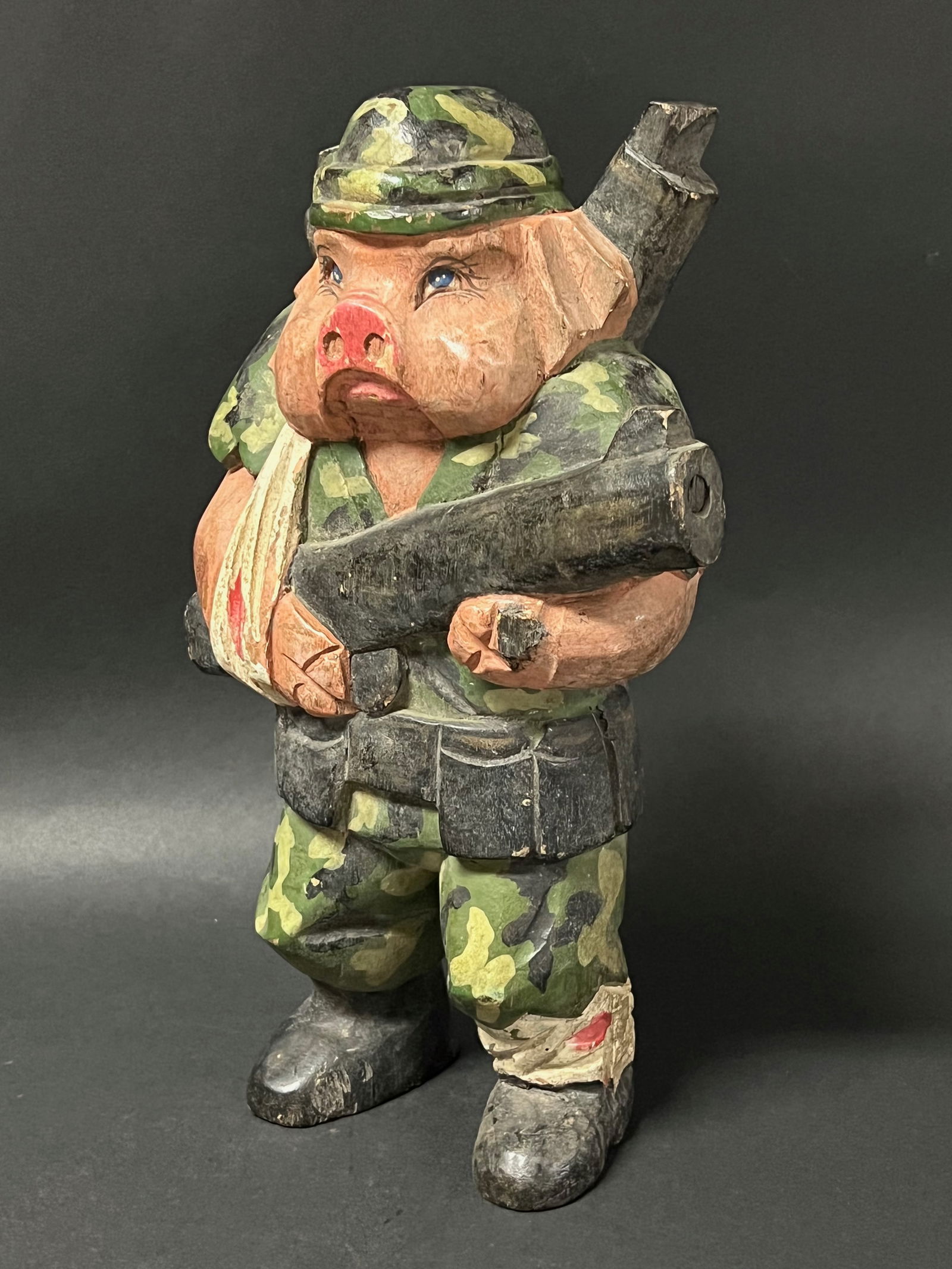 Carved Wood Painted Pig Soldier - 4