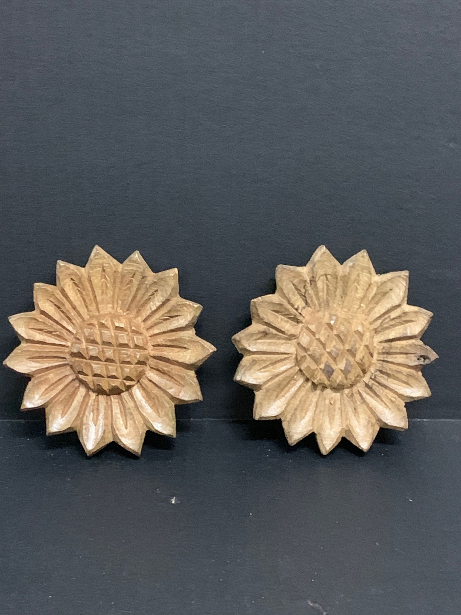 Carved Wood Sun Flower Sculpture Set of 2 - 2
