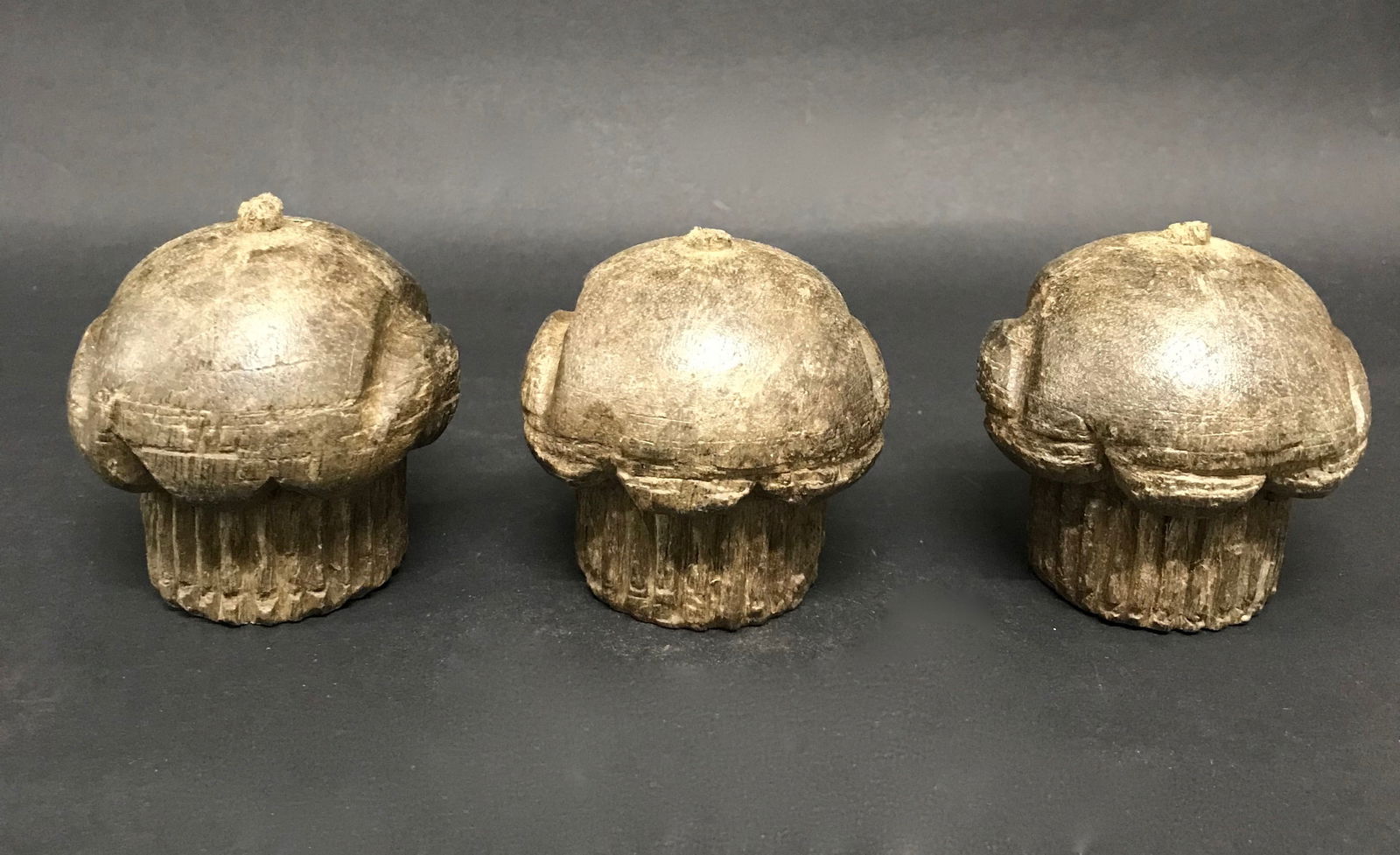 Carved Wood Miniature Cupcakes Sculpture Set of: Title: Carved Wood Miniature Cupcakes Sculpture Set of Date/Period: Late 20th CenturyMaterials: WoodDescription: Carved Wood Miniature Cupcakes SCulpture Reserve: $40.00 Shipping:Domestic: