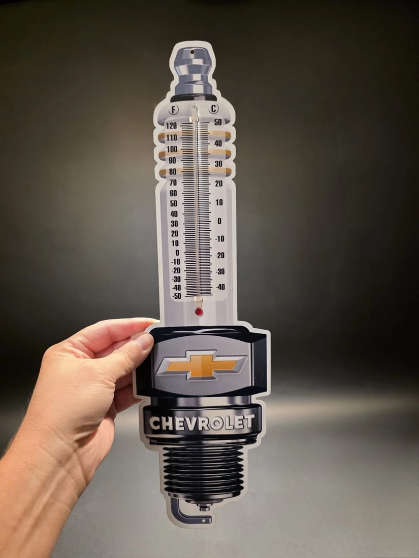 Chevrolet Spark Plug Wall Thermometer Sign Garage Decor: Title: Chevrolet Spark Plug Wall Thermometer Sign Garage Decor Description: 17.5 x 5 in Vintage-Style Chevrolet Spark Plug Wall Thermometer – Garage Decor Shaped like a classic automotive spark