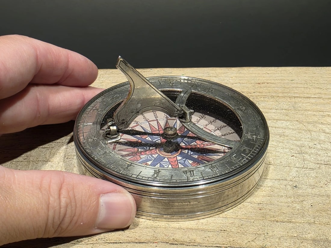 Silver Plated Bronze Sundial Compass: Title: Silver Plated Bronze Sundial Compass Description: 3 1/4" Wide heavy sundial compass Great reproduction heavy duty silver plated bronze sundial. Fully functional. Great for use or display. Certa