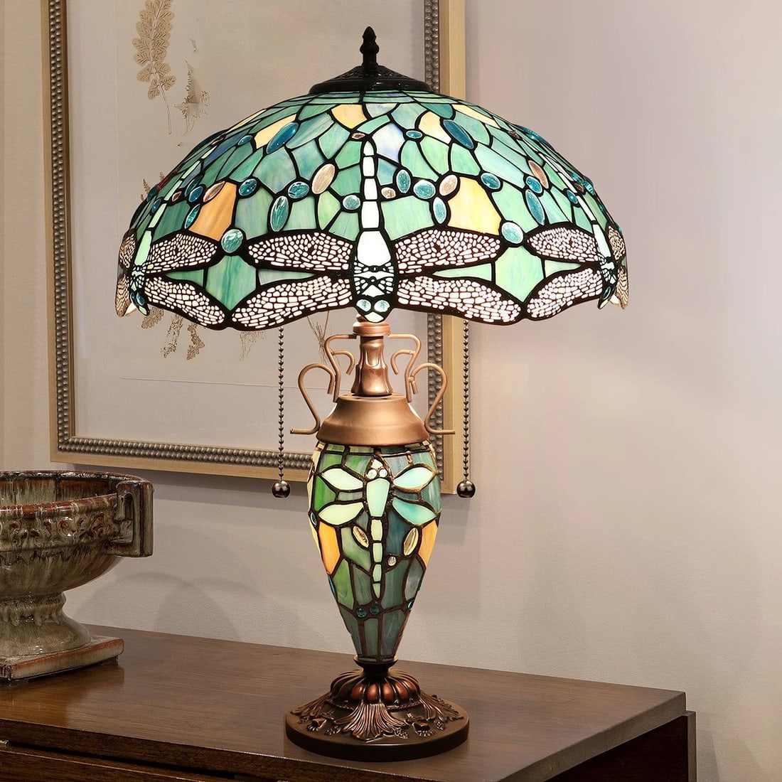 22.44" Stained Glass Dragonfly Lighted Base Table Lamp - 7