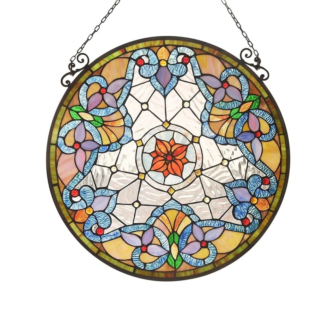23.8" Round Stained Glass Window Hanging Panel Suncatcher: Title: 23.8" Round Stained Glass Window Hanging Panel Suncatcher Description: Description 23.8" Wide Wonderful reproduction stained glass window panel meticulously handcrafted from pieces of hand cut