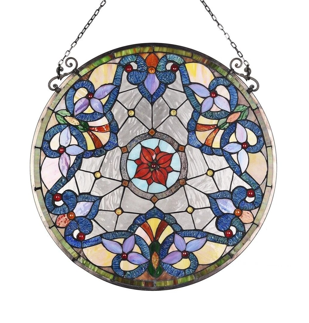 23.8" Round Stained Glass Window Hanging Panel Suncatcher - 2