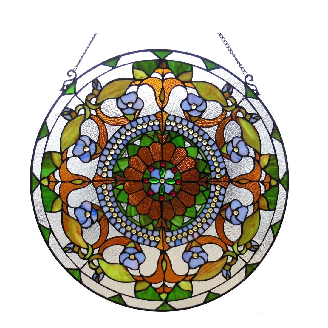 24" Round Stained Glass Clear Window Hanging Panel Suncatcher: Title: 24" Round Stained Glass Clear Window Hanging Panel Suncatcher Description: Description 24" Wide Wonderful reproduction stained glass window panel meticulously handcrafted from pieces of hand cu