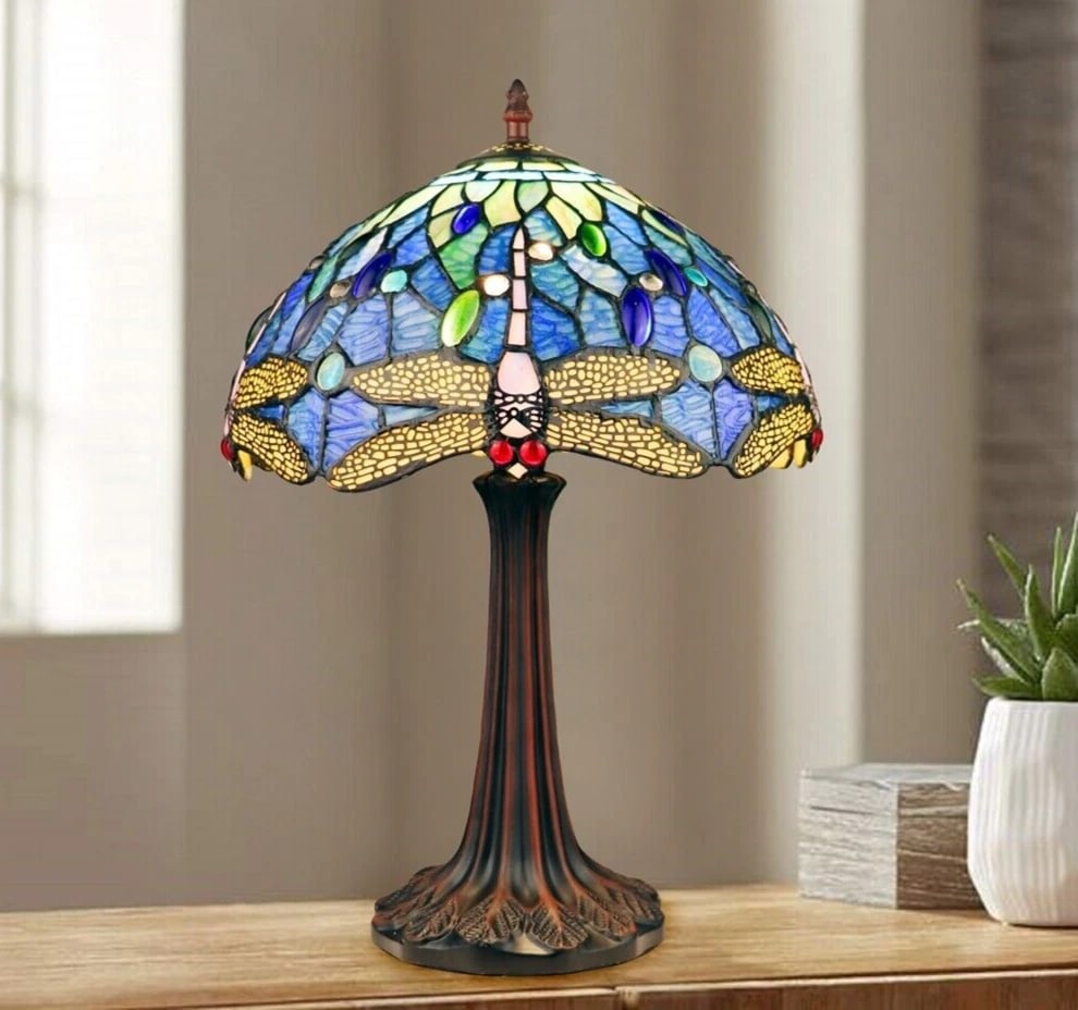 17" Blue Stained Glass Dragonfly Table Lamp - 6