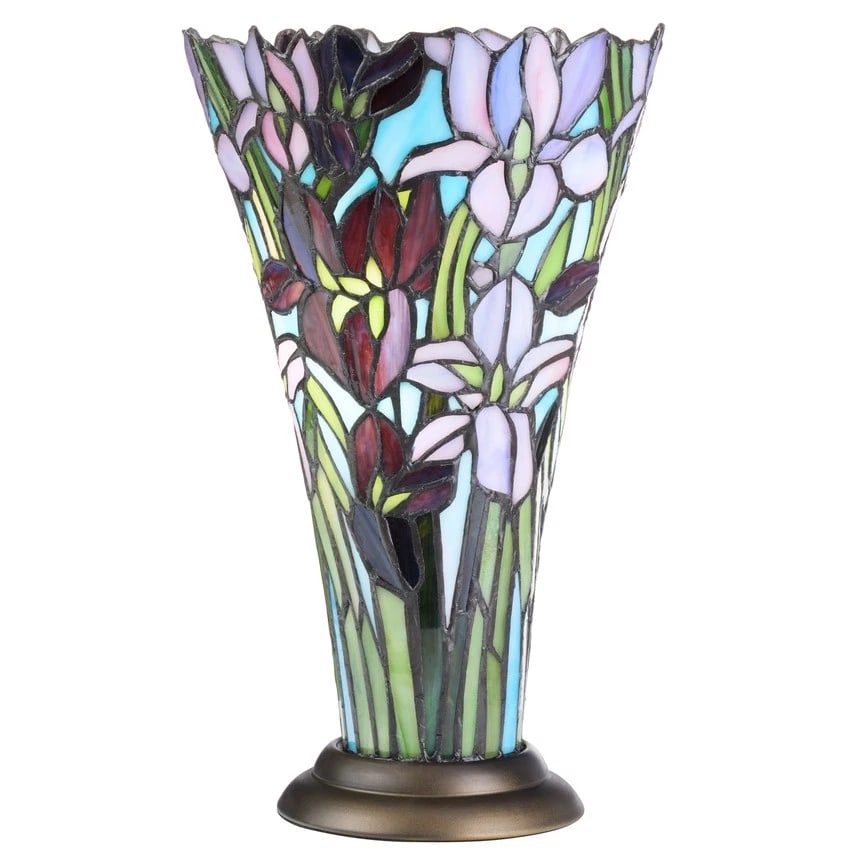 13.5"H Stained Glass Iris Up Light Table Lamp: Title: 13.5"H Stained Glass Iris Up Light Table Lamp Description: Description 8.25"L x 8.25"W x 13.5"H Wonderful reproduction stained glass Iris design accent up light lamp. 60" cord with in-line swit