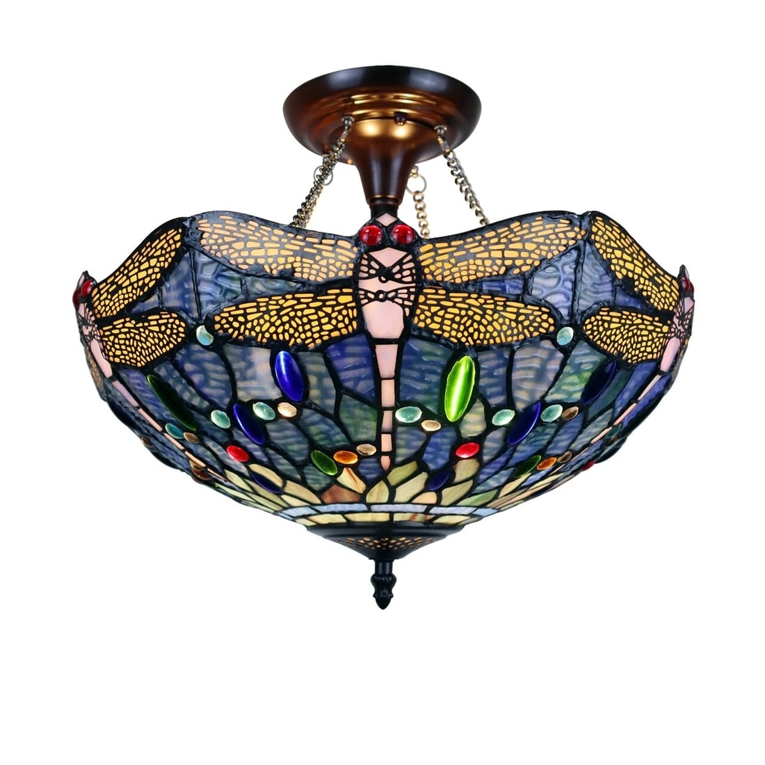 16" Dragonfly Stained Glass Semi Flush Ceiling Uplight: Title: 16" Dragonfly Stained Glass Semi Flush Ceiling Uplight Description: (2) 60 Watt Max 16.1" Wide x 13.5" Height Wonderful reproduction stained glass ceiling light! All handmade glass and metal.
