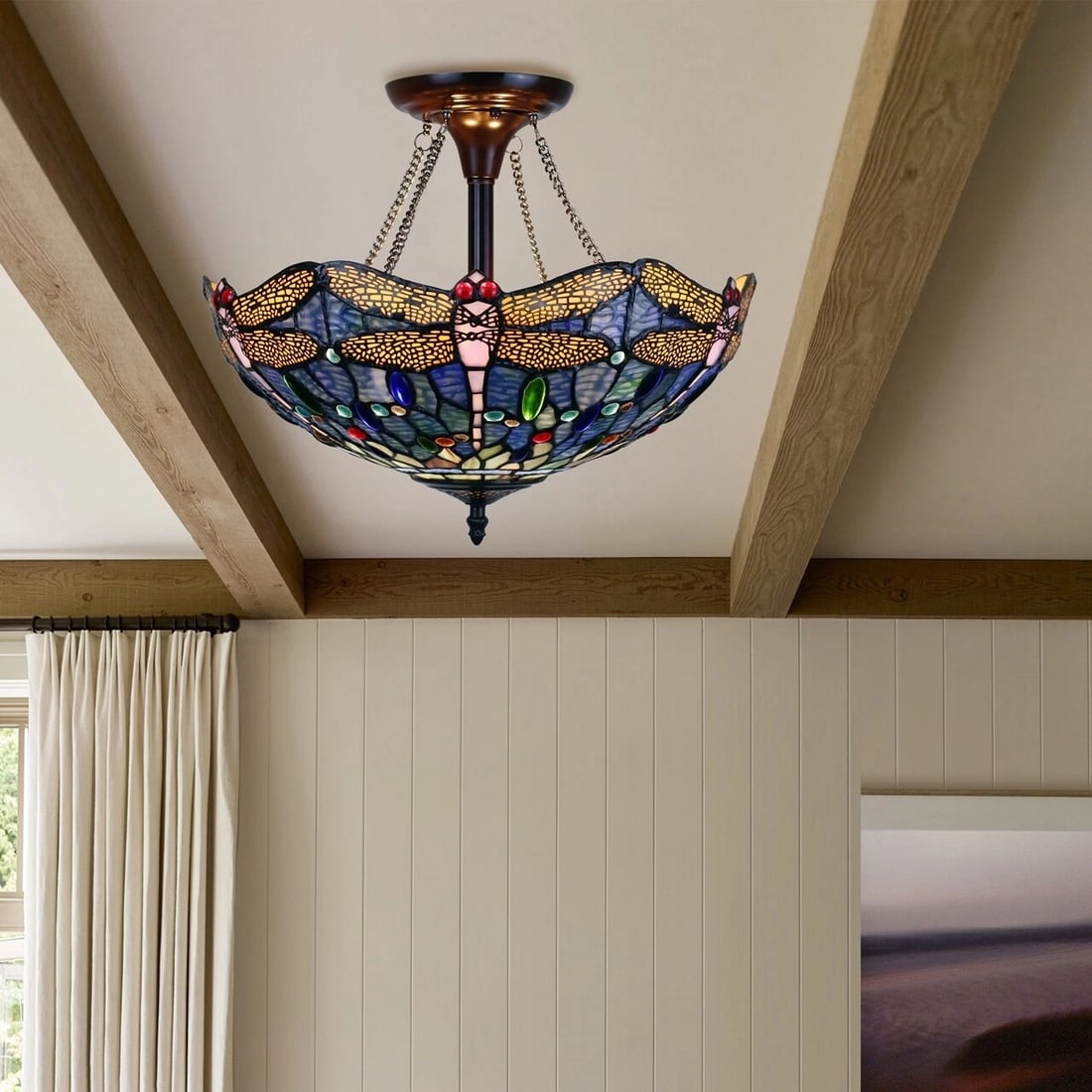 16" Dragonfly Stained Glass Semi Flush Ceiling Uplight - 7
