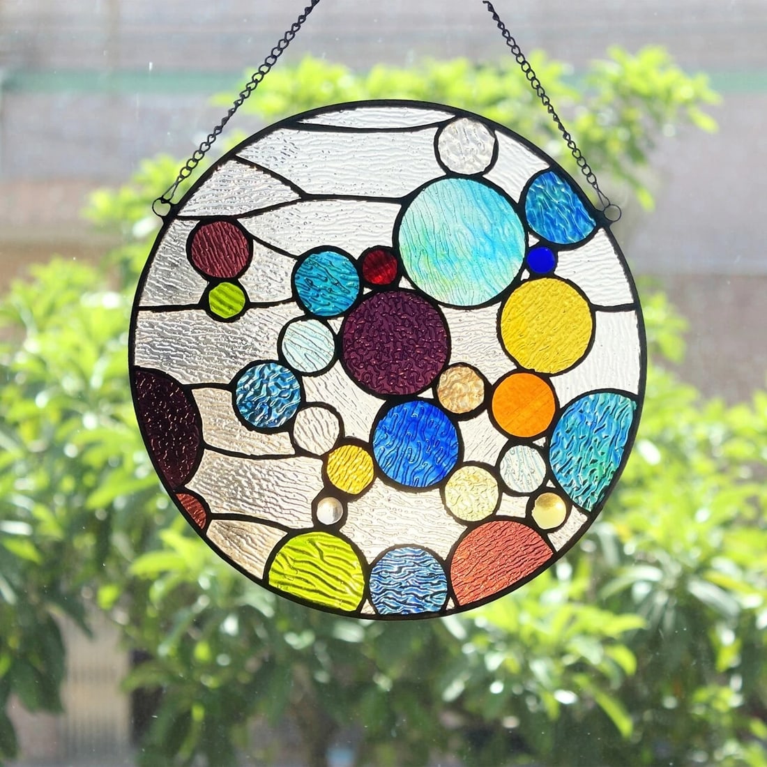 13" Round Stained Glass Bubble Window Panel Suncatcher - 4