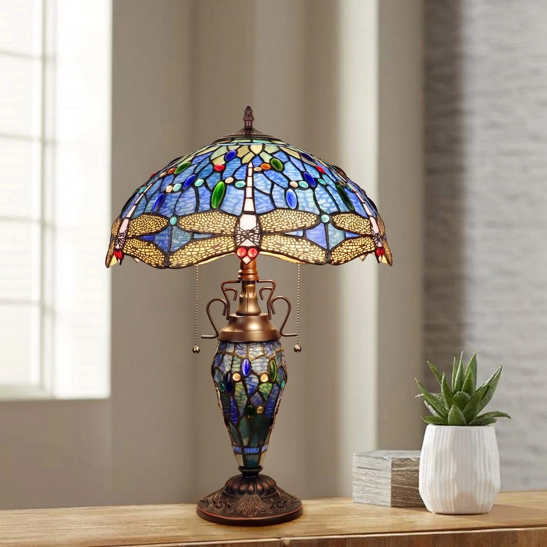 23" Stained Glass Dragonfly Lighted Base Table Lamp - 6