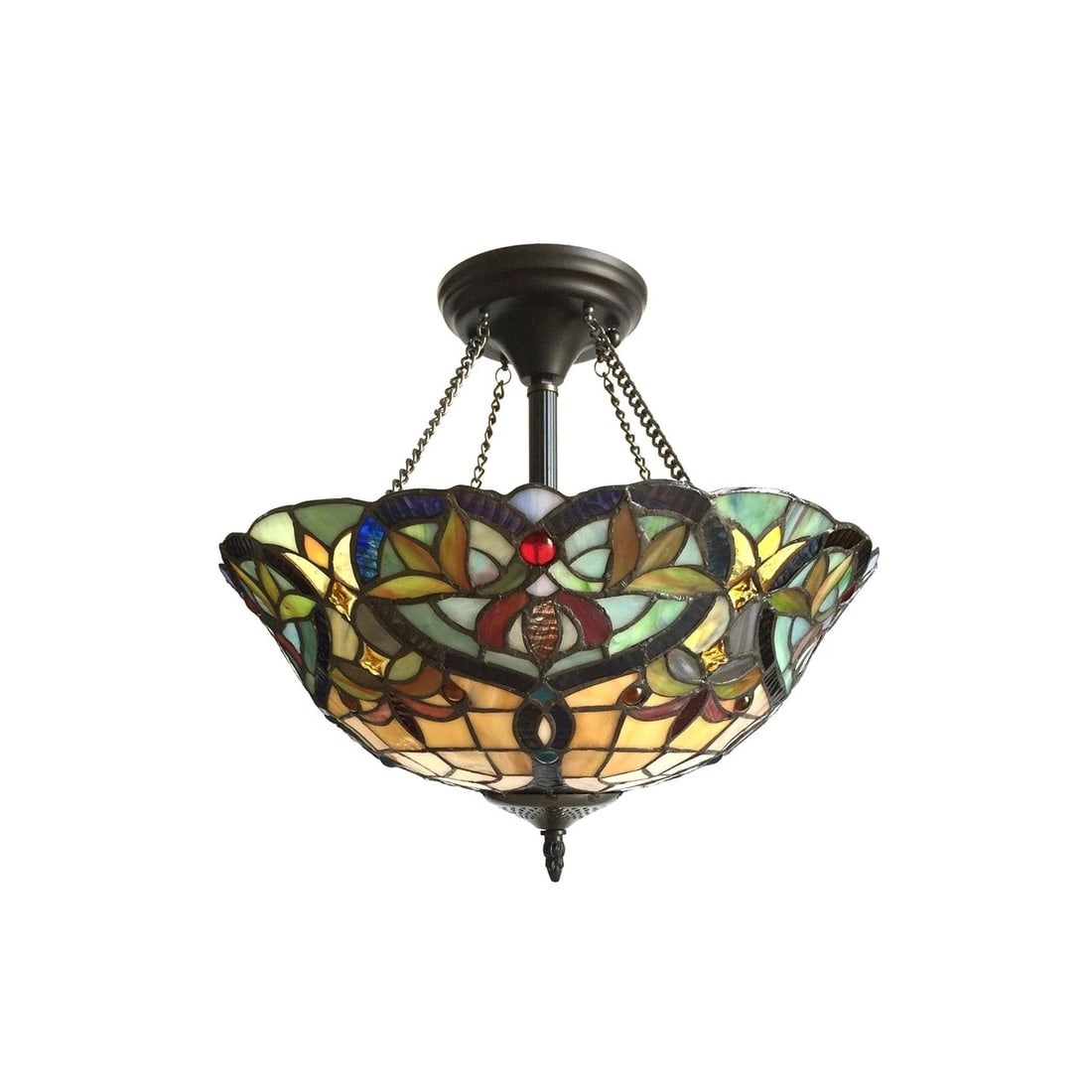 16" Stained Glass Semi Flush Ceiling Uplight: Title: 16" Stained Glass Semi Flush Ceiling Uplight Description: (2) 100 Watt Max 16" Wide x 14" Height Wonderful reproduction stained glass ceiling light! All handmade glass and metal. Certain to