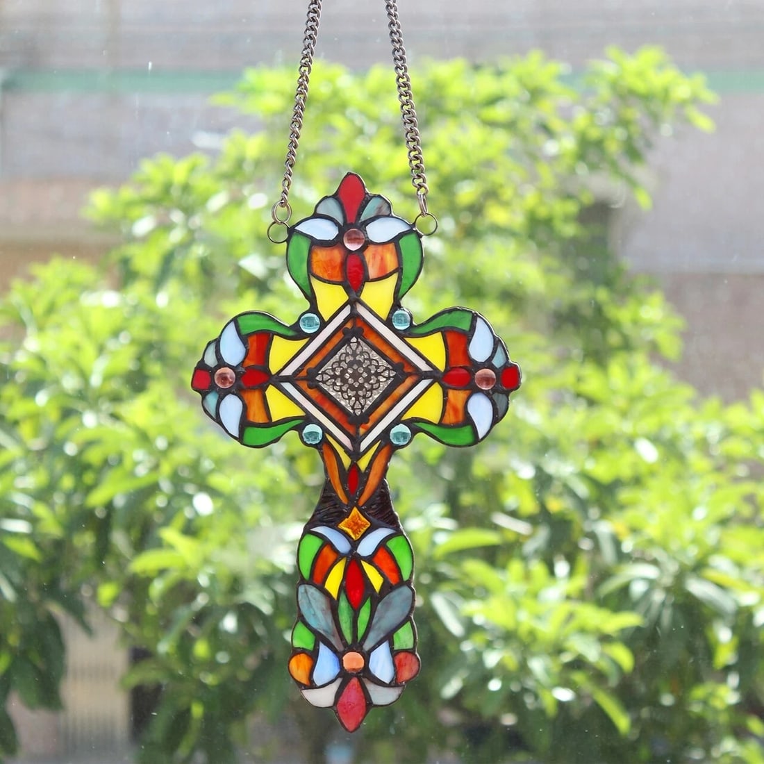 13" Stained Glass Cross Window Hanging Panel Suncatcher - 4
