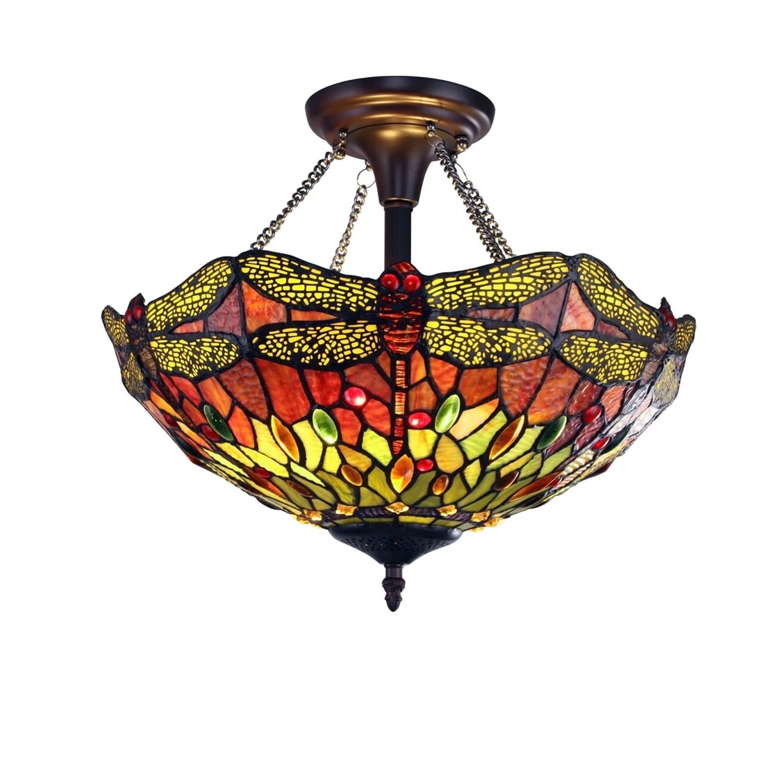 16" Dragonfly Stained Glass Semi Flush Ceiling Uplight: Title: 16" Dragonfly Stained Glass Semi Flush Ceiling Uplight Description: (2) 60 Watt Max 16.1" Wide x 13.5" Height Wonderful reproduction stained glass ceiling light! All handmade glass and metal.