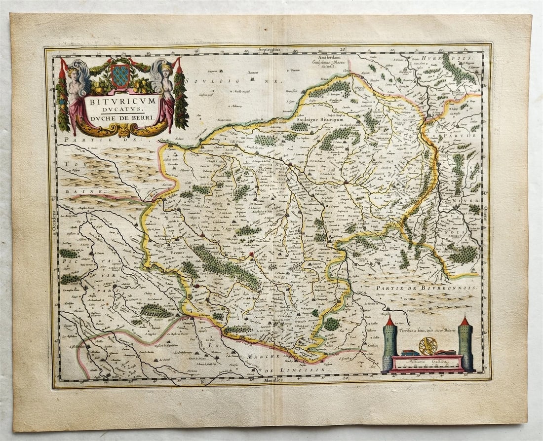 1640 MAP of FRANCE DUCHY of BERRY by WILLEM BLAEU antique AUTHENTIC hand colored - 2