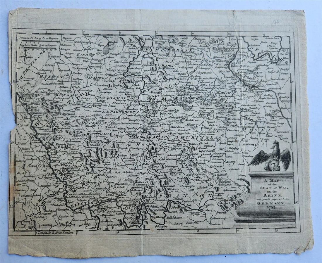 18th CENTURY A MAP OF THE SEAT OF WAR ON THE RHINE in GERMANY 1759 antique (1 of 3)