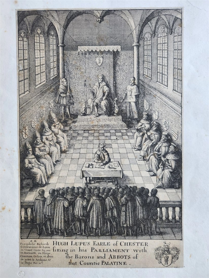 17th CENTURY ENGRAVING HUGH LUPUS'S COURT OF COUNTY-PALATINE of CHESTER antique (1 of 7)