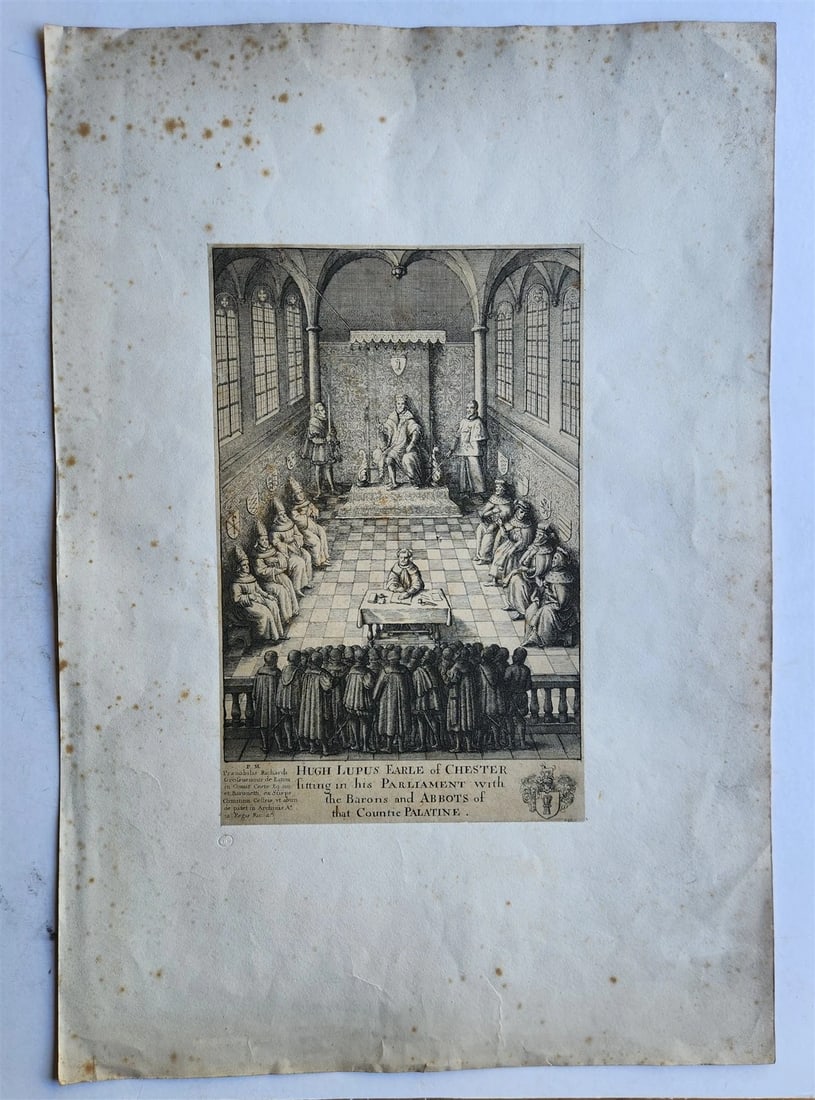 17th CENTURY ENGRAVING HUGH LUPUS'S COURT OF COUNTY-PALATINE of CHESTER antique - 2