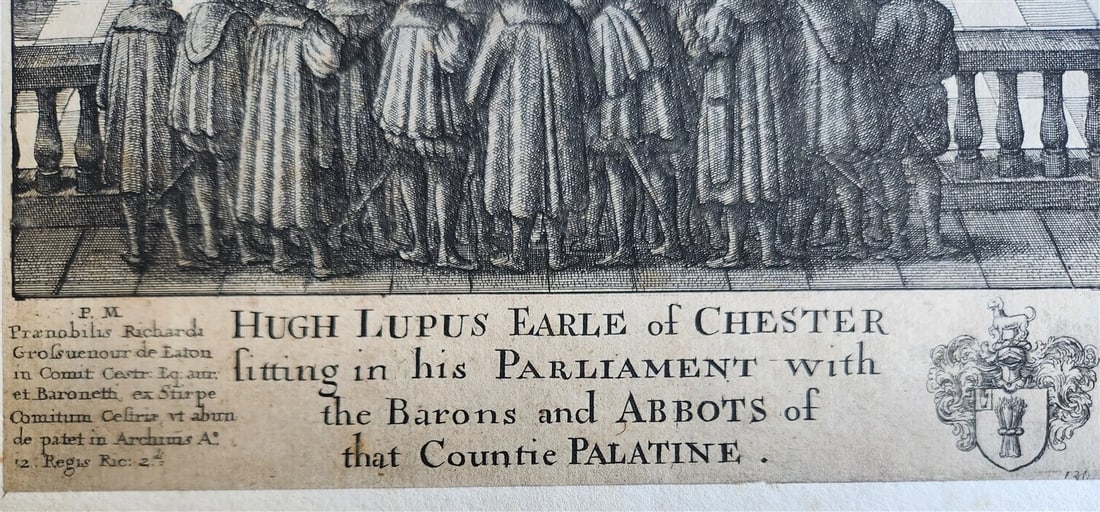 17th CENTURY ENGRAVING HUGH LUPUS'S COURT OF COUNTY-PALATINE of CHESTER antique - 3