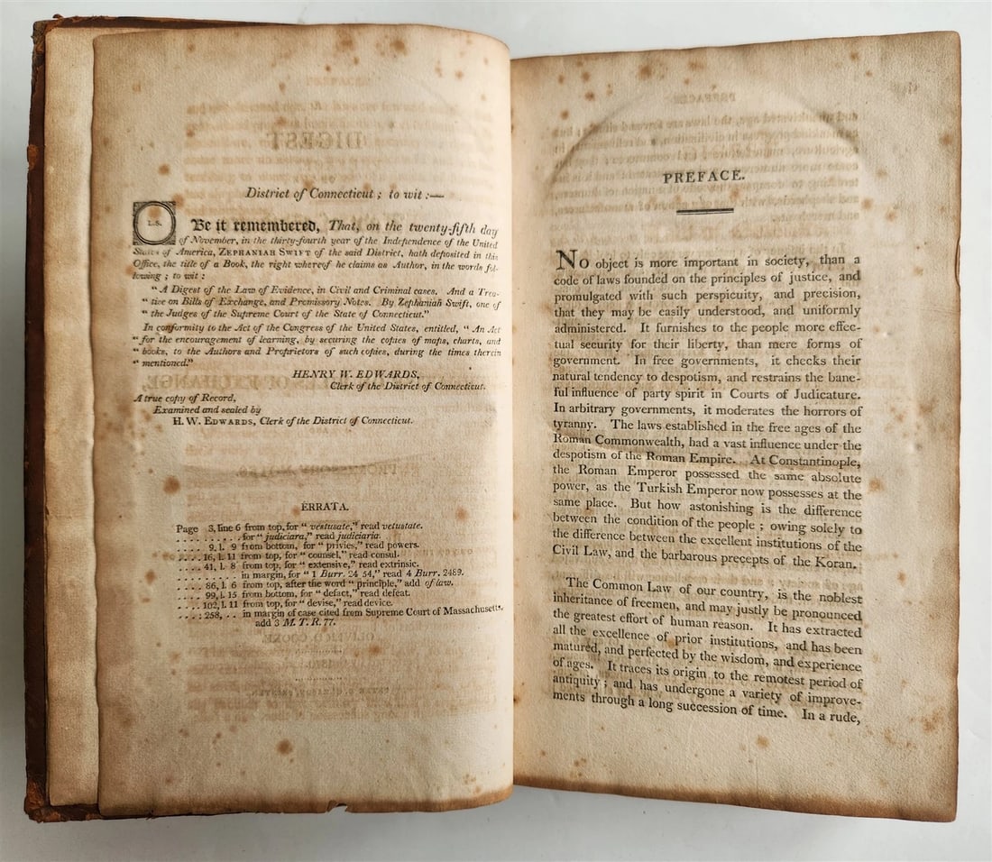 1810 DIGEST OF THE LAW OF EVIDENCE by Zephaniah Swift antique AMERICANA - 4