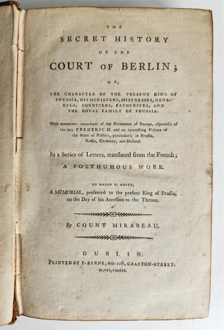 1789 THE SECRET HISTORY of the COURT of BERLIN by Count Mirabeau antique (1 of 4)