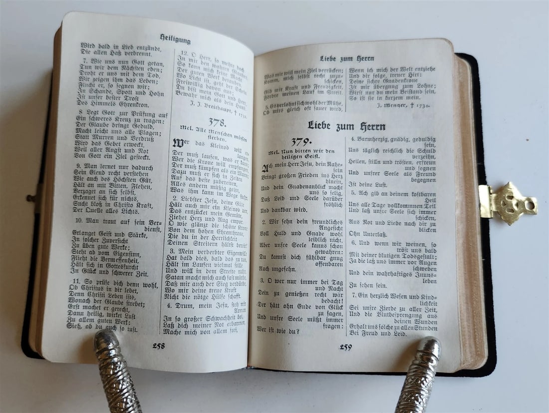 1900s GERMAN HYMNAL antique VELVET BINDING w/ MOTHER OF PEARL DECORATION - 11