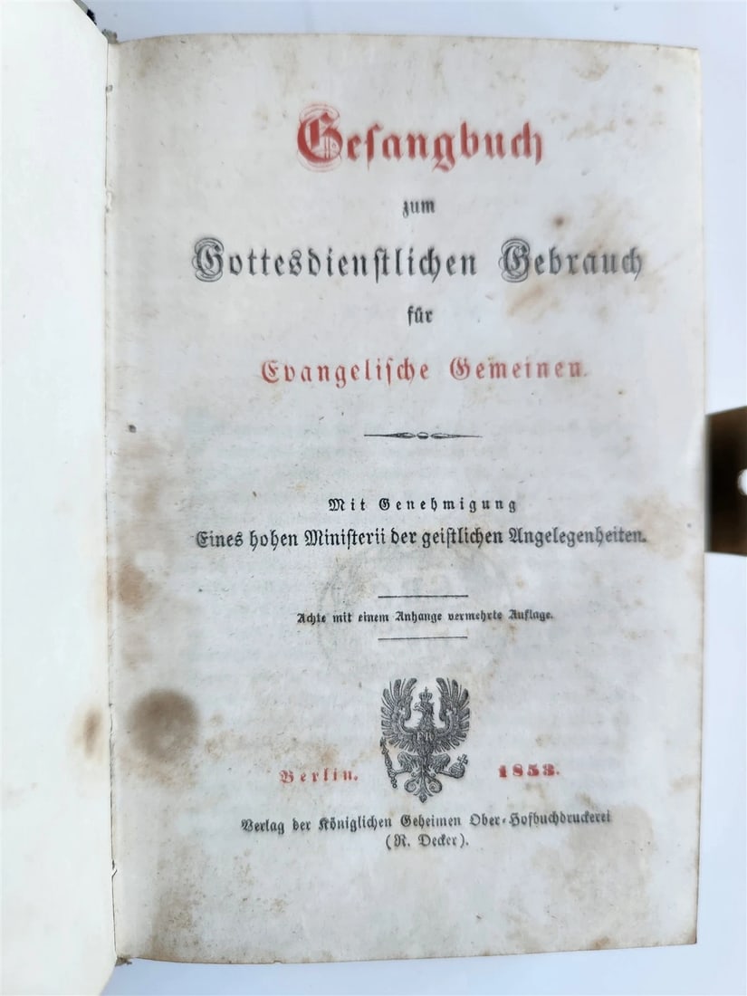 1853 GERMAN HYMNAL antique VELVET BINDING w/ APPLIED CROSS & BRASS EDGES - 6