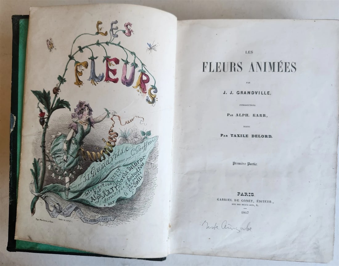 1847 LES FLEURS ANIMEES antique ILLUSTRATED with WOMEN PERSONIFYING FLOWERS: Title: 1847 LES FLEURS ANIMEES antique ILLUSTRATED with WOMEN PERSONIFYING FLOWERS Description: Les fleurs animees. Introduction by A. Karr. 2 parts in 1 volume. Paris, Gonet ; 1847 With 52 (50 colore