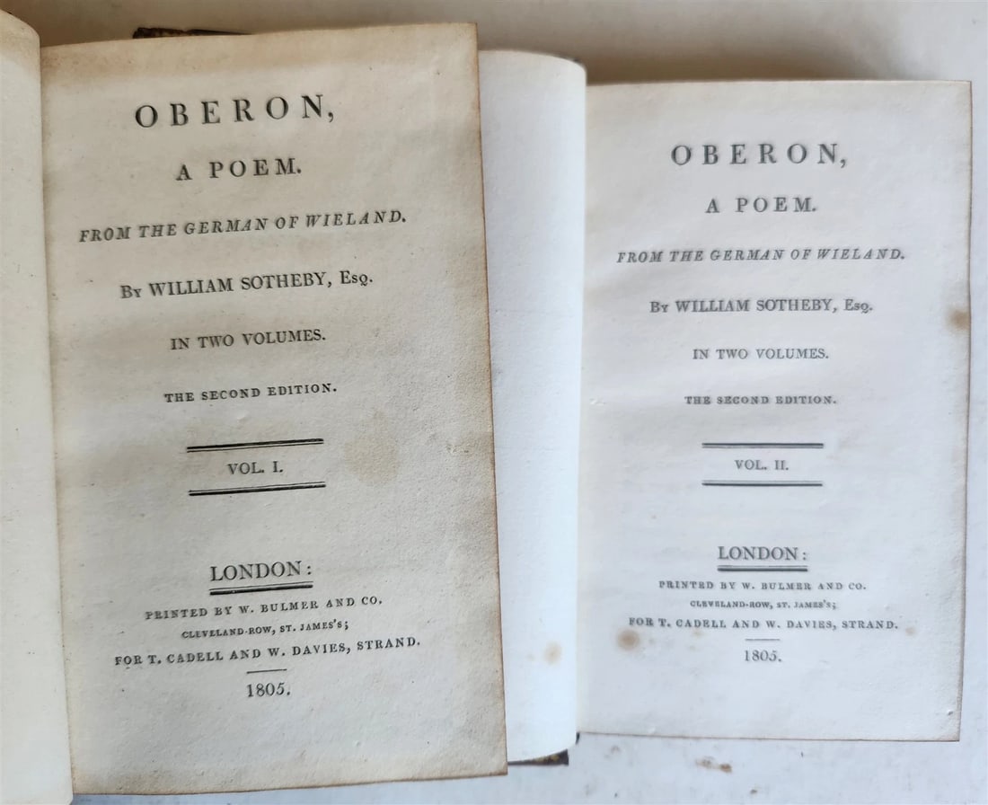 1805 OBERON POEM from German of Wieland by W. Sotheby 2 vols antique ILLUSTRATED: Title: 1805 OBERON POEM from German of Wieland by W. Sotheby 2 vols antique ILLUSTRATED Description: OBERON A POEM from the German of Wieland by William Sotheby 2 volumes London; 1805 Illustrated in