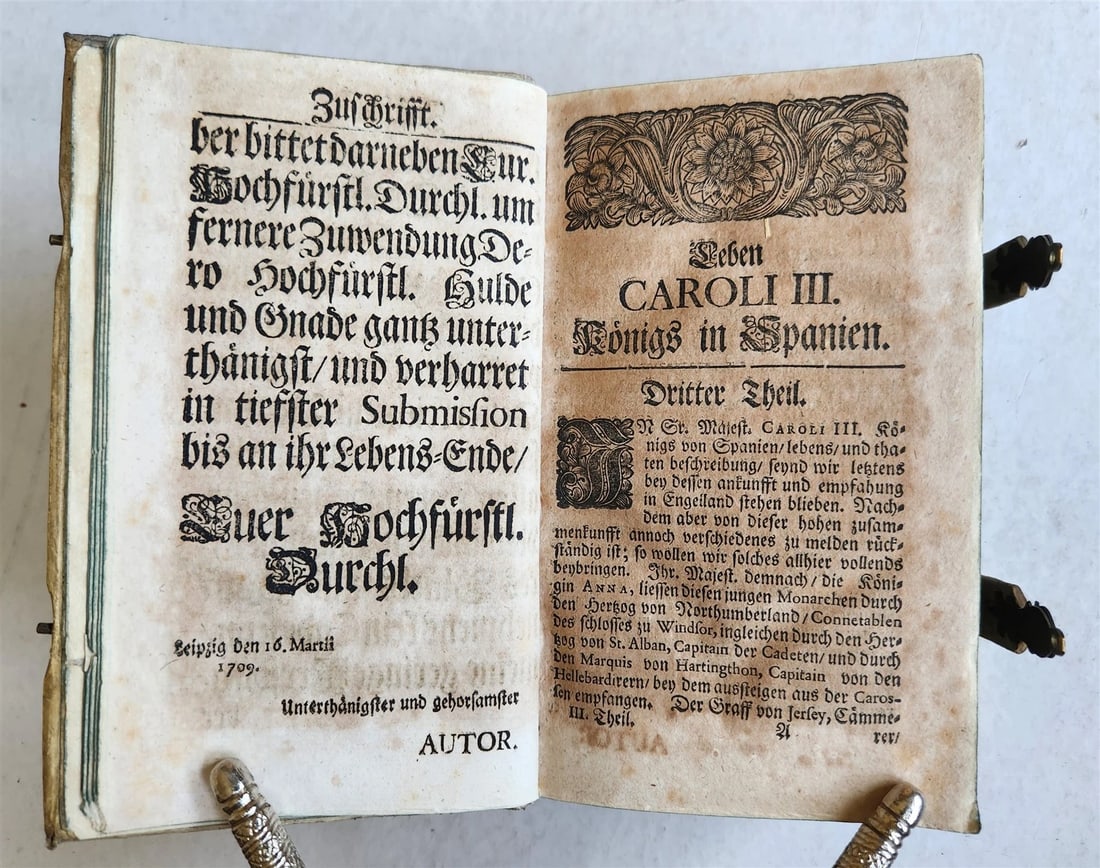 1709 LIFE of CAROLI KING of SPAIN & INDIES antique PIGSKIN BOUND ILLUSTRATED v.3 - 5