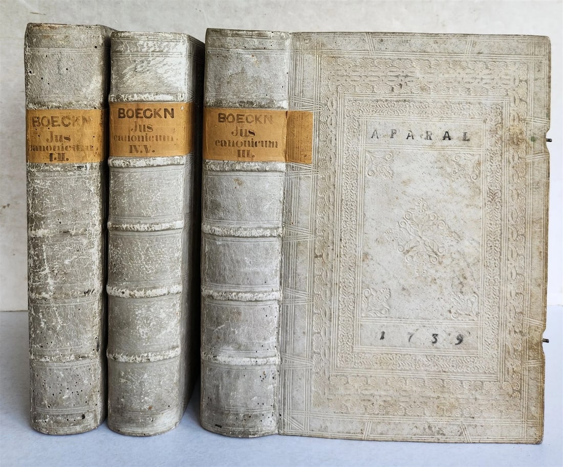 1735-39 CANON LAW 3 VOLUMES antique PIGSKIN BOUND FOLIOS w/ CLASPS (1 of 16)