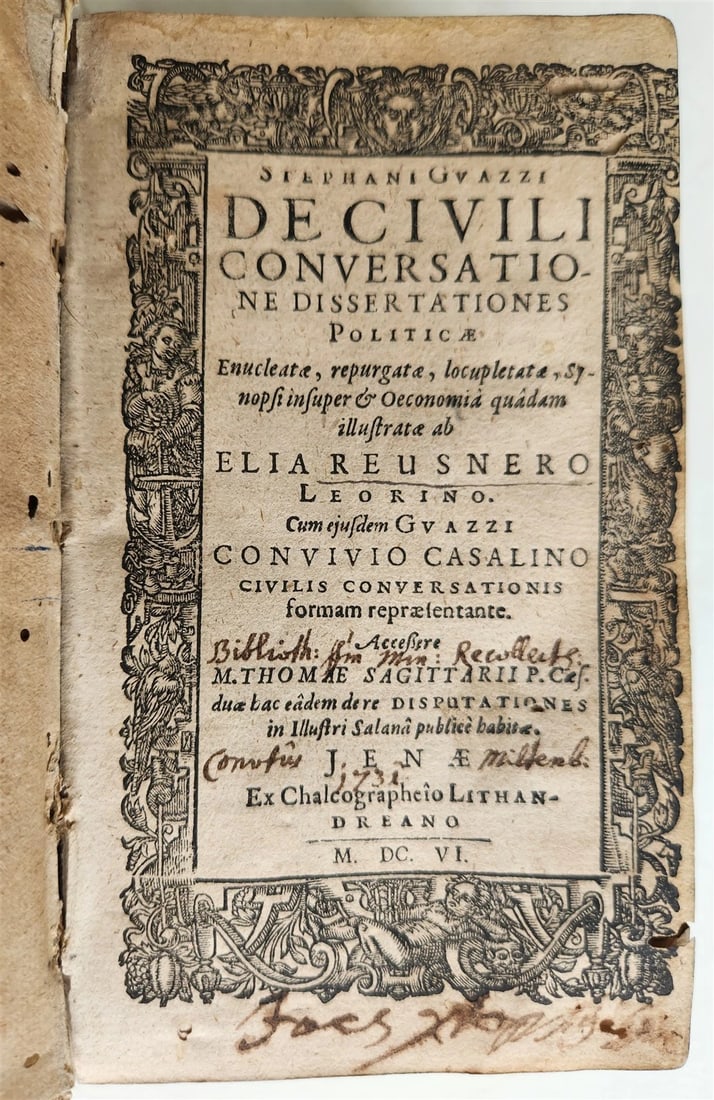 1606 De civili conversatione dissertationes Politicae antique VELLUM S. Gauzzi (1 of 8)