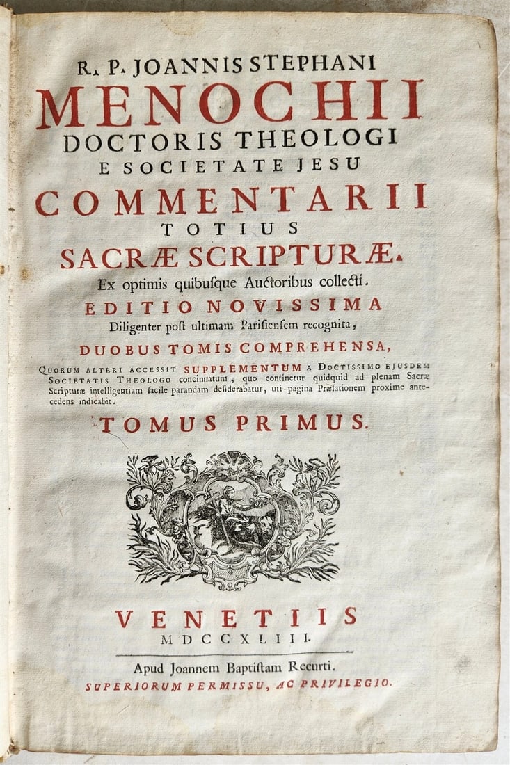 1743 BIBLE COMMENTARY Joannis Stephani Menochius in LATIN VELLUM FOLIO antique - 2