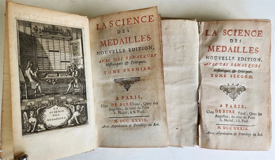 1739 LA SCIENCE des MEDAILLES antique 2 ILLUSTRATED VOLUMES VELLUM BOUND: Title: 1739 LA SCIENCE des MEDAILLES antique 2 ILLUSTRATED VOLUMES VELLUM BOUND Description: Jobert, Louis: La science des medailles. 2 volumes. Paris, chez De Bure ; 1739 xliv, (4), 464, (2), lvs, 11