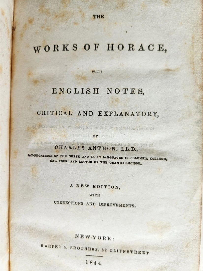 1844 WORKS OF HORACE w/ ENGLISH NOTES by CHARLES ANTHON antique AMERICAN EDITION - 2