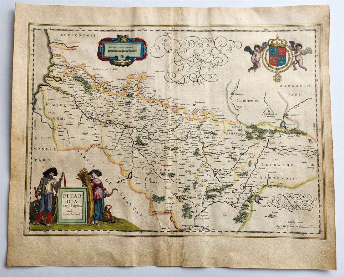 1640 MAP of PICARDIA FRANCE BELGIUM WILLEM BLAEU antique AUTHENTIC hand colored (1 of 4)